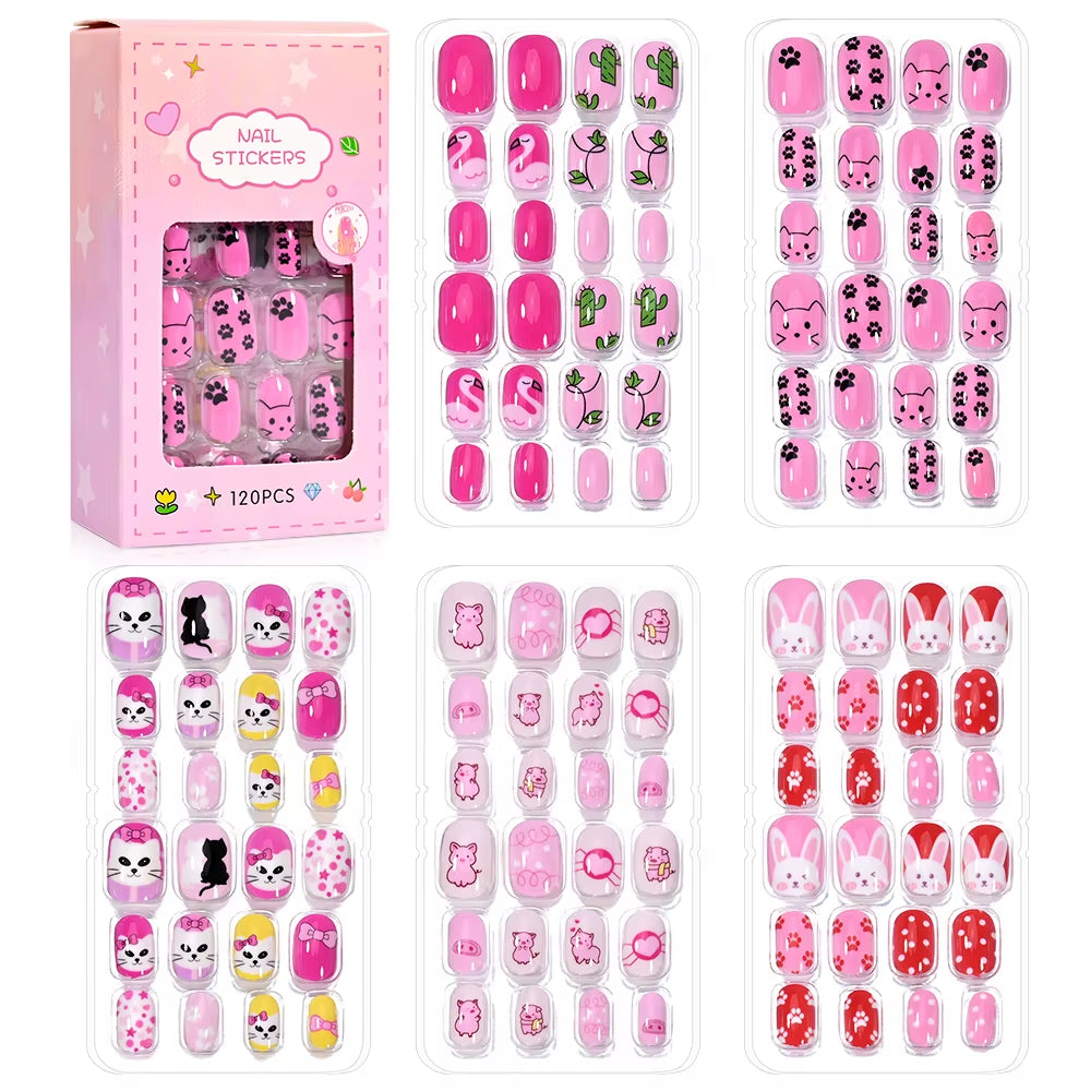 120Pcs/Box Cartoon Gril Princess Children Press on Nails 6-14Years Kawaii Cat/Flowers/Rainbow Nail Tips with Jelly Gel Girl Gift