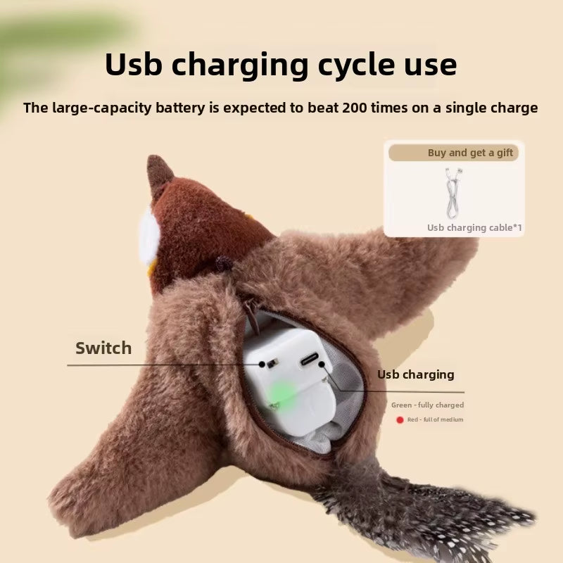 "Rechargeable Flapping Bird Cats Toy | Interactive Plush with Motion Sensor & Dual Sounds, Safe Chew Toy for Indoor Dogs/Cats"