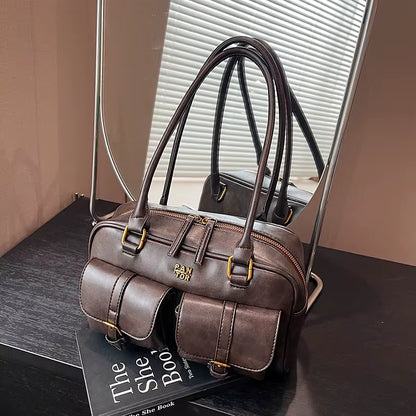 Women'S Coffee Brown Multi-Pocket Handbag Shoulder Bag, Stylish Versatile Letter Crossbody Purse for Travel Work Shopping Dates