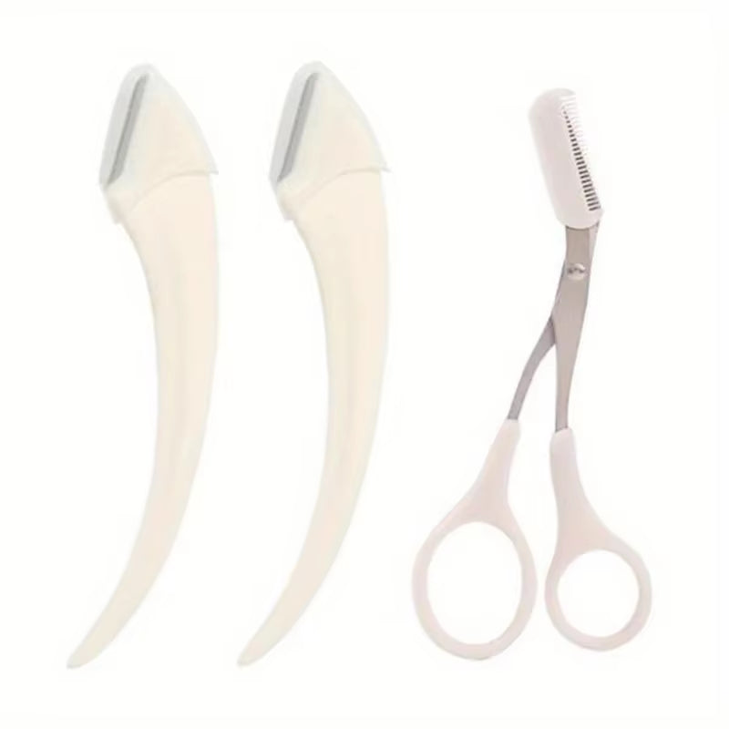 3-Piece Eyebrow Trimmer Set, Scissors and Comb, Stainless Steel Shaver, Eyelash Beginner Makeup Tool, Removal Accessories