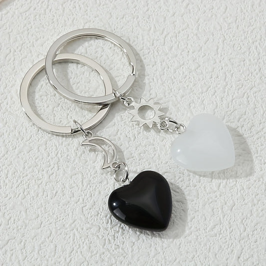 2pcs Heart Stone Keychain Moon & Sun Key Ring Purse Bag Backpack Car Key Charm BFF Friends Couples Valentine's Day Gift Beauty Fashion
