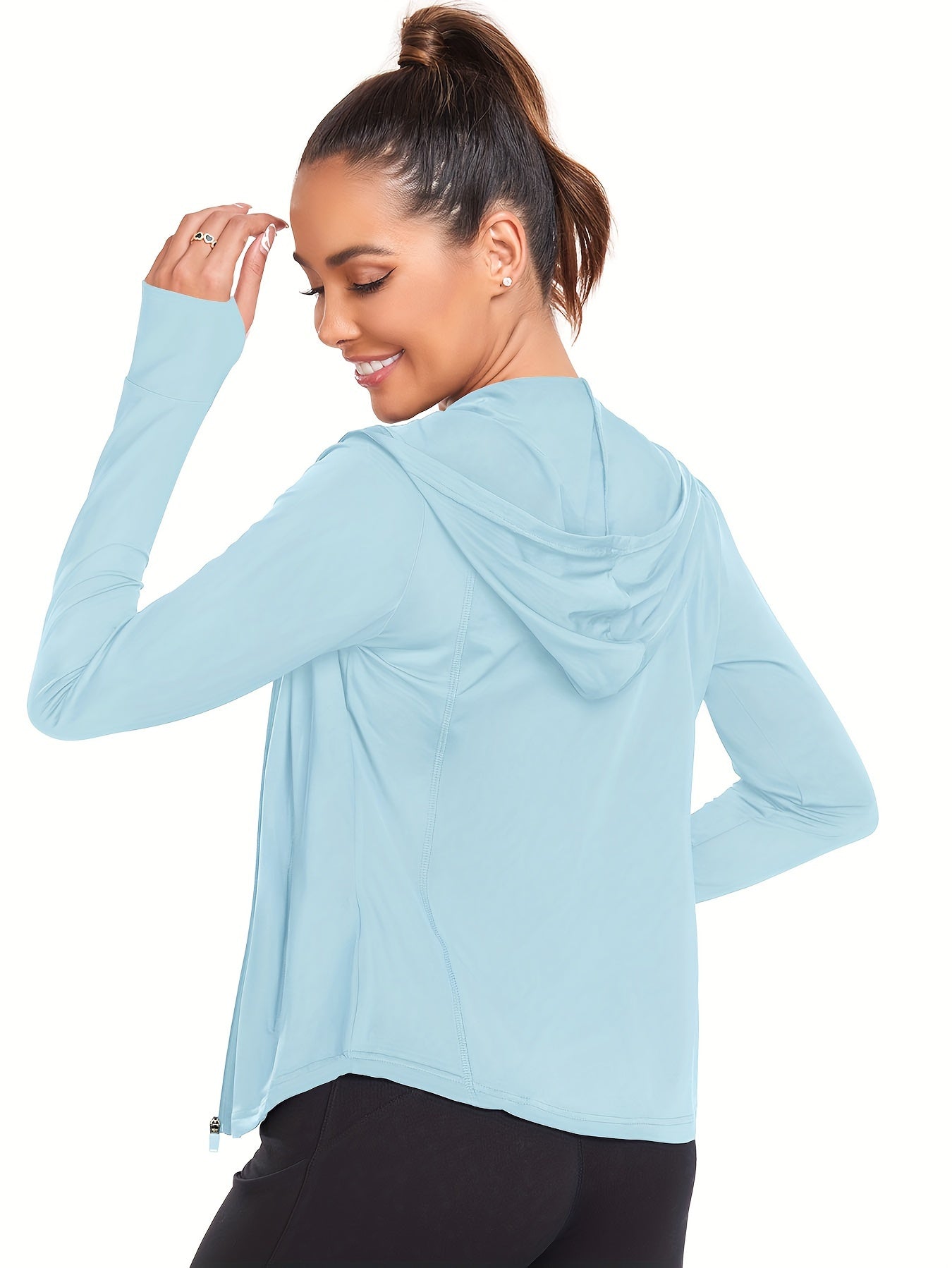 Women's Full-Zip Long Sleeve Sport Shirt with Thumbhole Design - Moisture-Wicking Protection Yoga Running Top, Light Blue All-Season Machine Washable Activewear, Running Shirt | Sporty Look | Stretchable Fabric Beauty World Shop