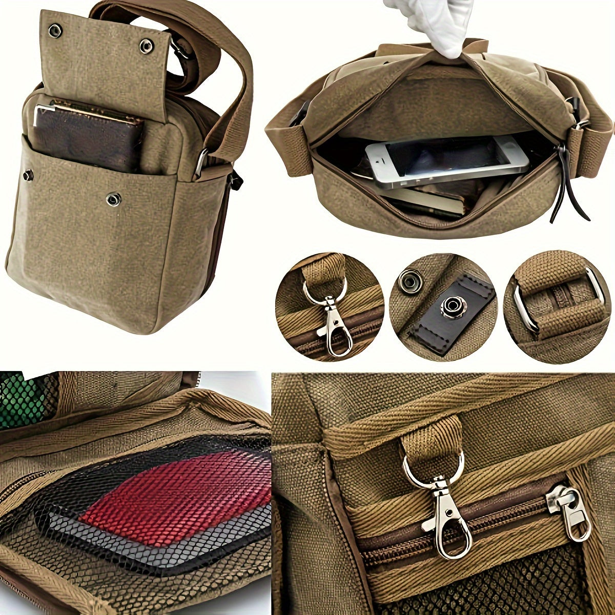 Vintage Canvas Square Messenger Bag - Spacious Zipper Closure, Durable Nylon Lining, Stylish Solid Pattern, Perfect for Casual Crossbody Travel and Daily Occasions Beauty Fashion