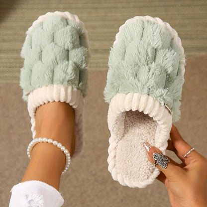 Colorblock Faux Fur Slippers, Casual Slip On Plush Lined Shoes, Comfortable Indoor Home Slippers Beauty Fashion