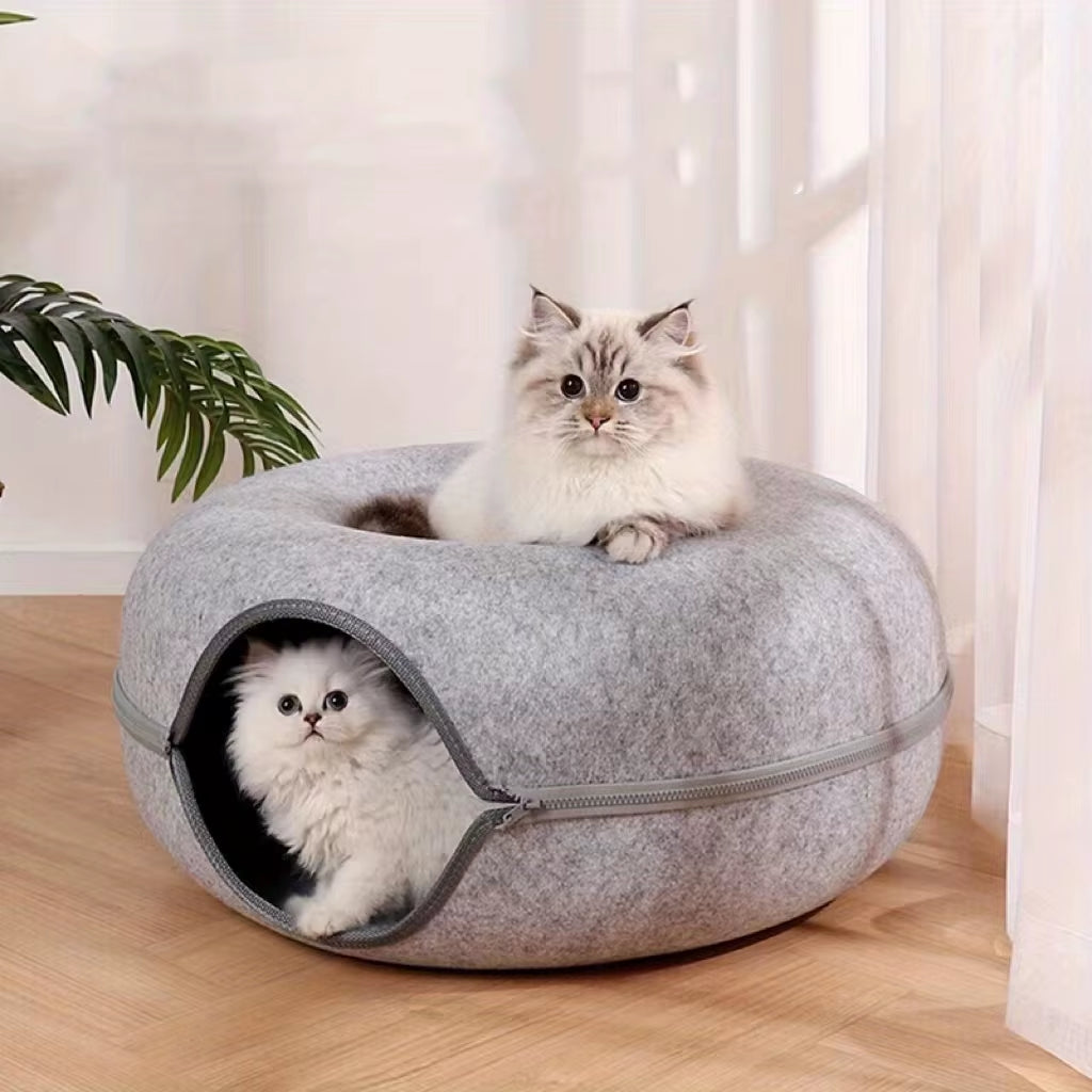 Wool Felt Cat Tunnel Nest – Modern Style Uncharged Donut Bed, Detachable & Washable All-Season Cat House, 1Pc Cozy Cat Condo
