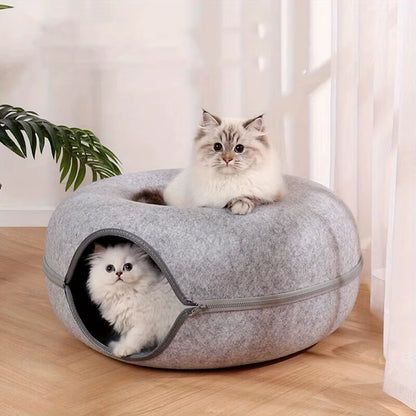 Wool Felt Cat Tunnel Nest – Modern Style Uncharged Donut Bed, Detachable & Washable All-Season Cat House, 1Pc Cozy Cat Condo