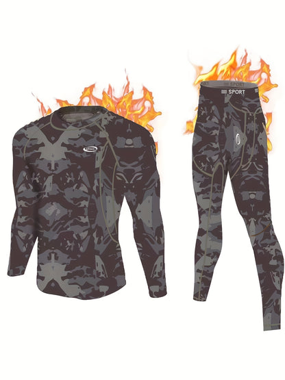 Camouflage Print Thermal Underwear For Men, Long Johns Set With Fleece, Winter Hunting Outdoor Running Cycling Ski Equipment Sports Yoga Fitness Base Layer Sport Top & Bottom