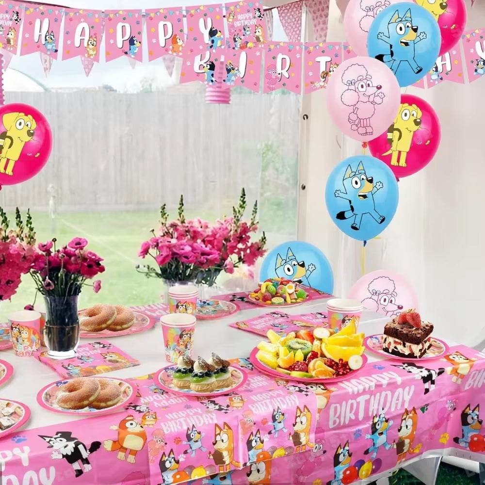 Pink Bluey Birthday Decorations for Kids Latex Aluminum Foil Balloons Bingo Theme Party Event Supplies Disposable Tableware Toys