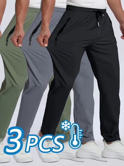 Three Pairs Of Men's Sport Pants. They Can Absorb Moisture And Wick Away Sweat, Keeping You Dry And Breathable. with Zipper Details, These Are Thin And Quick-drying Outdoor Pants, Which Are Perfect for Outdoor Sports And Home