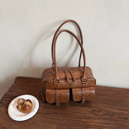 Women'S Coffee Brown Multi-Pocket Handbag Shoulder Bag, Stylish Versatile Letter Crossbody Purse for Travel Work Shopping Dates