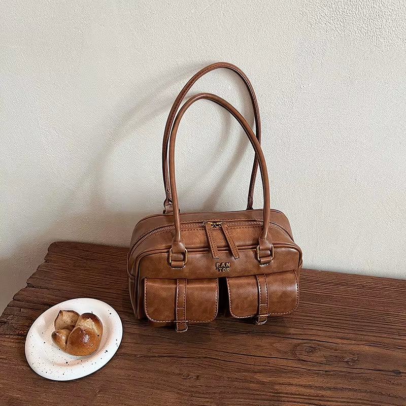 Women'S Coffee Brown Multi-Pocket Handbag Shoulder Bag, Stylish Versatile Letter Crossbody Purse for Travel Work Shopping Dates