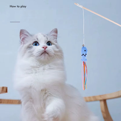 Fashion Cat Wand Toy Natural Woodenteaser Wand for Cat Interactive Elastic String Cat Stick Pole Toy for Indoor