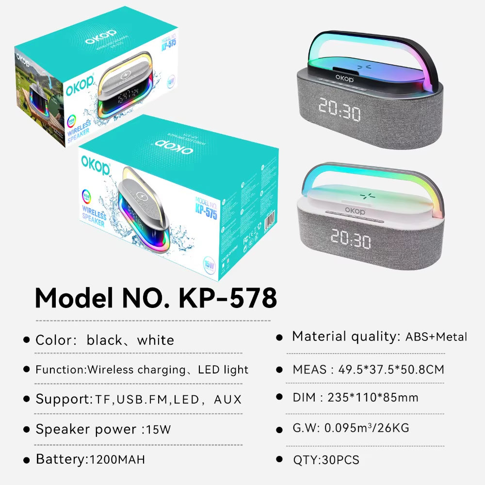 Bluetooth Speaker Clock Alarm Phone 15W Wireless Charging White Noise Portable High Tone Speaker IPX7 Waterproof Outdoo USB