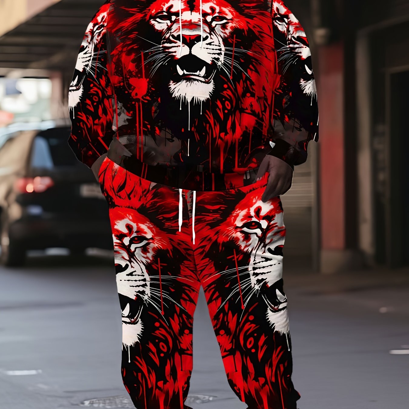 Plus Size Men's Fashion 3D Lion Print 2pcs Sportswear Set Fashion Long Sleeve Hoodie and Sport Trousers Suitable for Spring and Autumn Outdoor, PLUS SIZE Beauty World Shop