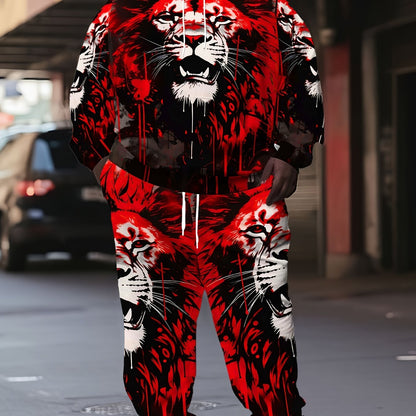 Plus Size Men's Fashion 3D Lion Print 2pcs Sportswear Set Fashion Long Sleeve Hoodie and Sport Trousers Suitable for Spring and Autumn Outdoor, PLUS SIZE Beauty World Shop