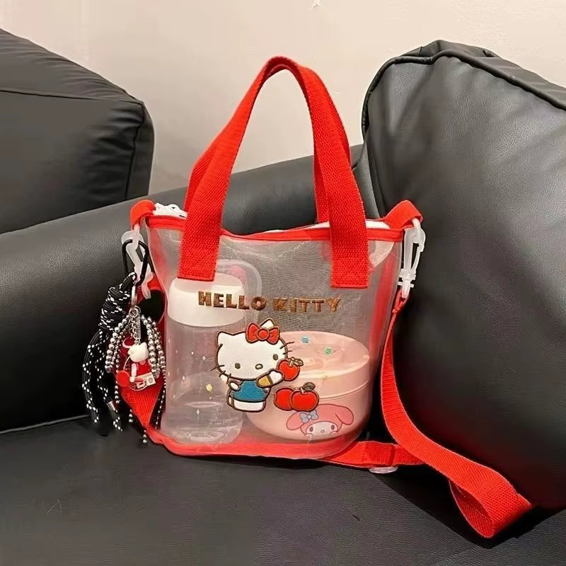 New Hello Kitty Mesh Tote Bag Cartoon Bento Bag Portable Large Capacity Hand-Held Crossbody Bag Outdoor Portable Bag