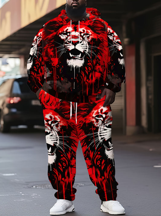 Plus Size Men's Fashion 3D Lion Print 2pcs Sportswear Set Fashion Long Sleeve Hoodie and Sport Trousers Suitable for Spring and Autumn Outdoor, PLUS SIZE Beauty World Shop