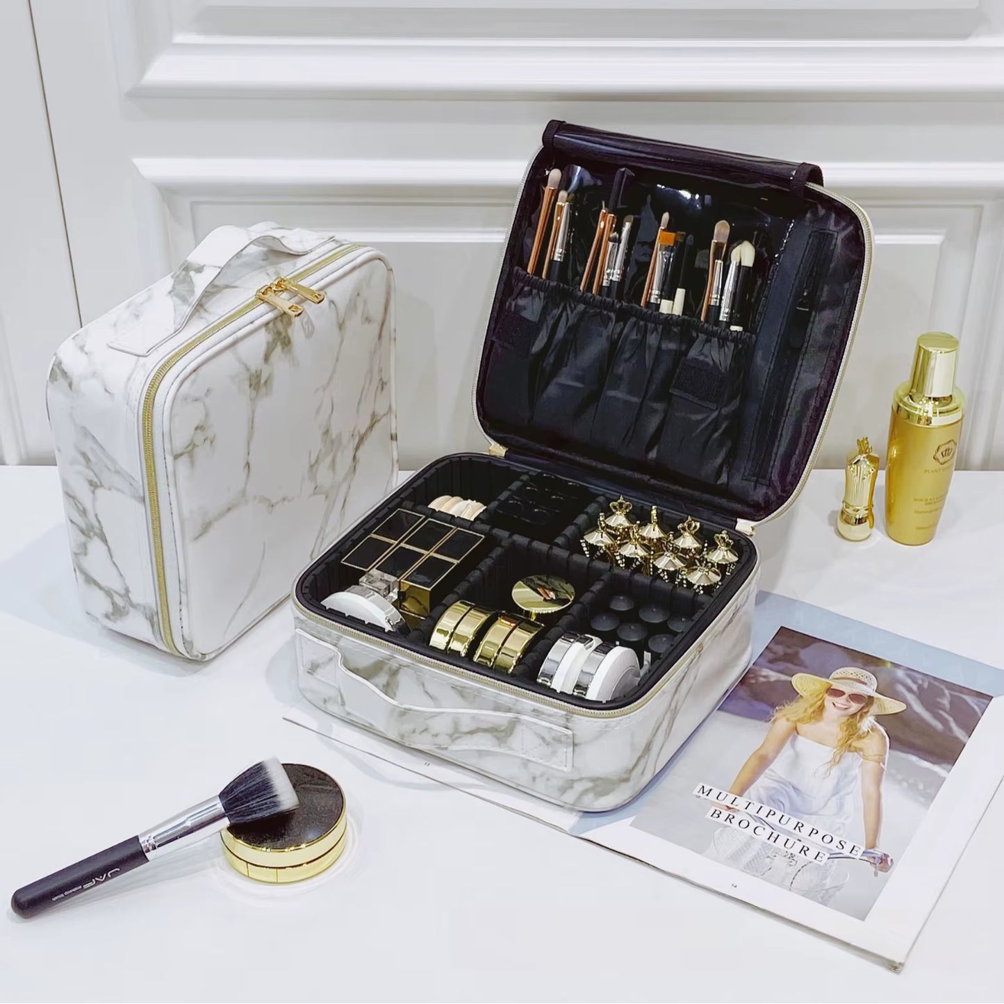 PU Makeup Bag Marble Pattern Portable Large Capacity Makeup Storage Bag Multi Functional Travel Makeup Toolbox