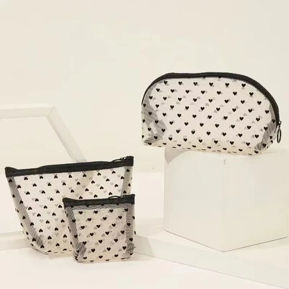 Nylon Mesh Cosmetic Bag Zipper Heart Shaped Toiletry Organizer Makeup Bags Multifunctional Women Lipstick Key Coin Purse Pouch