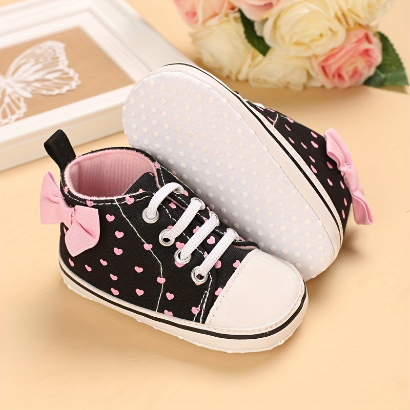 Baby Girls Heart Printed Lightweight Skate Shoes With Bowknot, Comfortable Non-slip Sport Walking Toddler Shoes, Fall Beauty World Shop