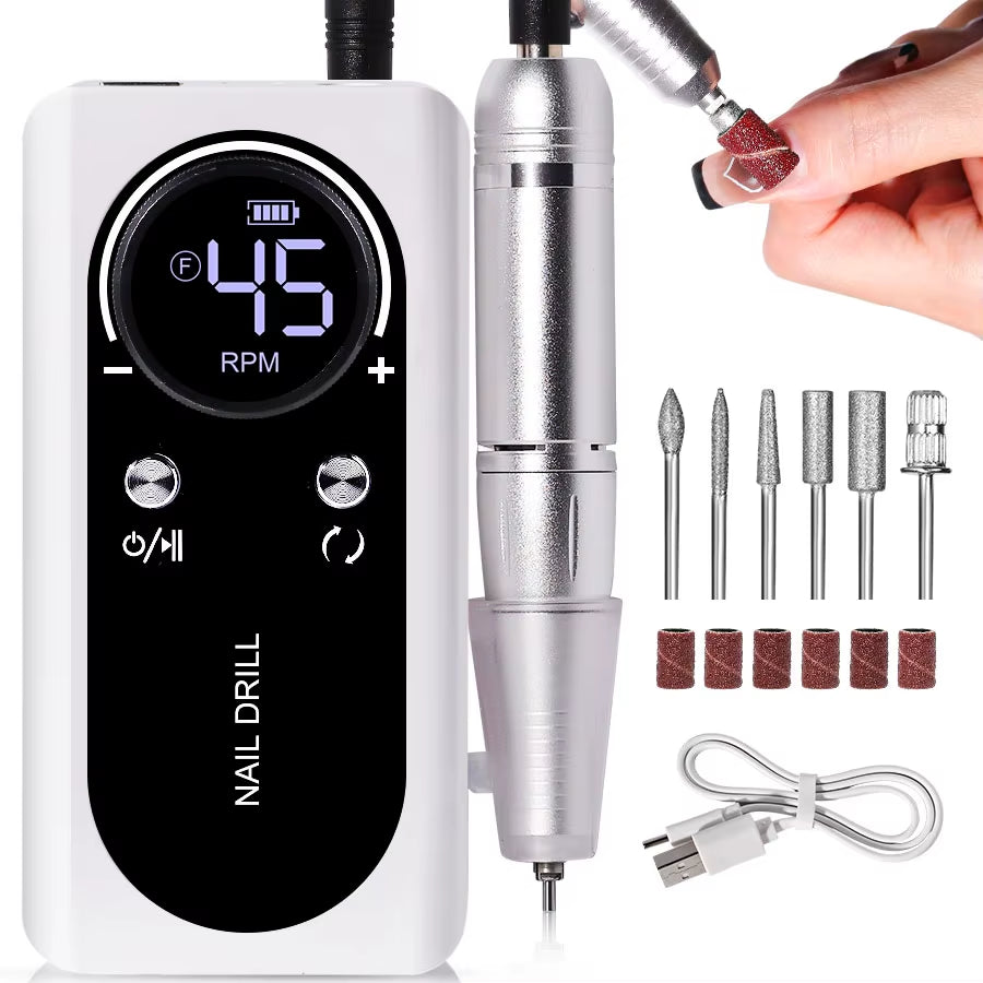 45000RPM Nail Drill Machine Electric Portable Nail File Rechargeable Nail Sander for Gel Nails Polishing for Home Manicure Salon