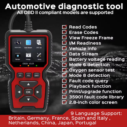 Car OBD2 Scanner Diagnostic Tool Multi-Language OBDII Car Voltage Tester Engine Fault Code Scanner Car Code Reader V519