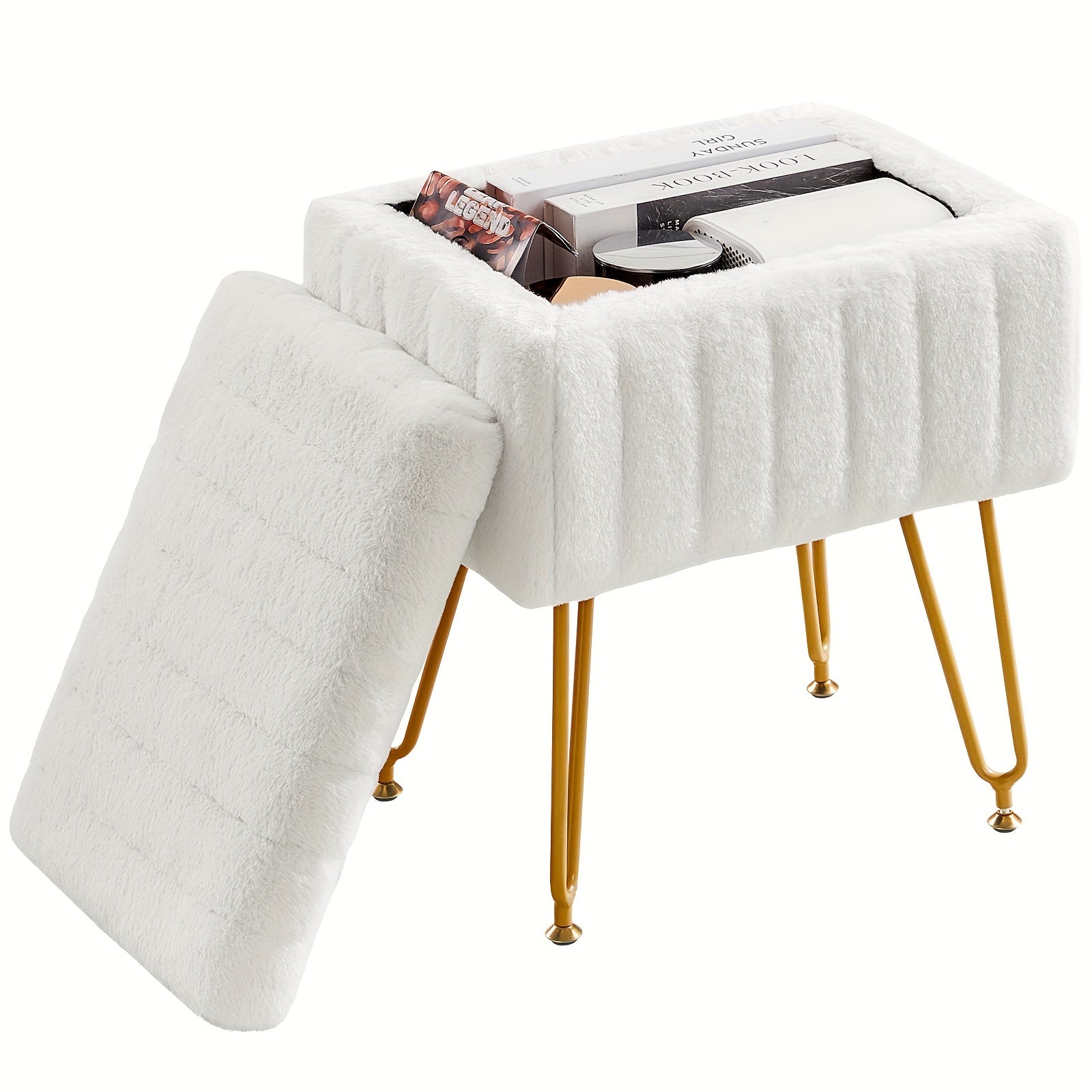Vanity Storage Ottoman Chair, Makeup Vanity Chair With Metal Legs & Soft Faux Fur Surface, Flip Top Foot Rest With Soft Padded Seat For Bedroom Living Room Beauty World Shop