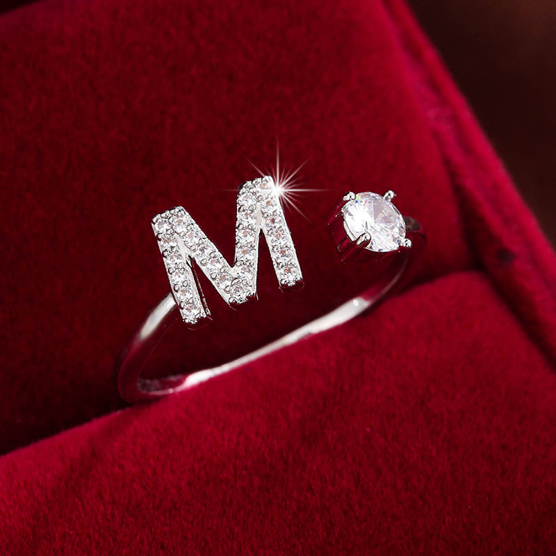 Fashionable 26 English Letters Four-Prong Synthetic Synthetic Zirconia Open Adjustment Ring Beauty Fashion