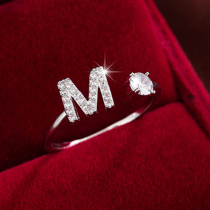 Fashionable 26 English Letters Four-Prong Synthetic Synthetic Zirconia Open Adjustment Ring Beauty Fashion