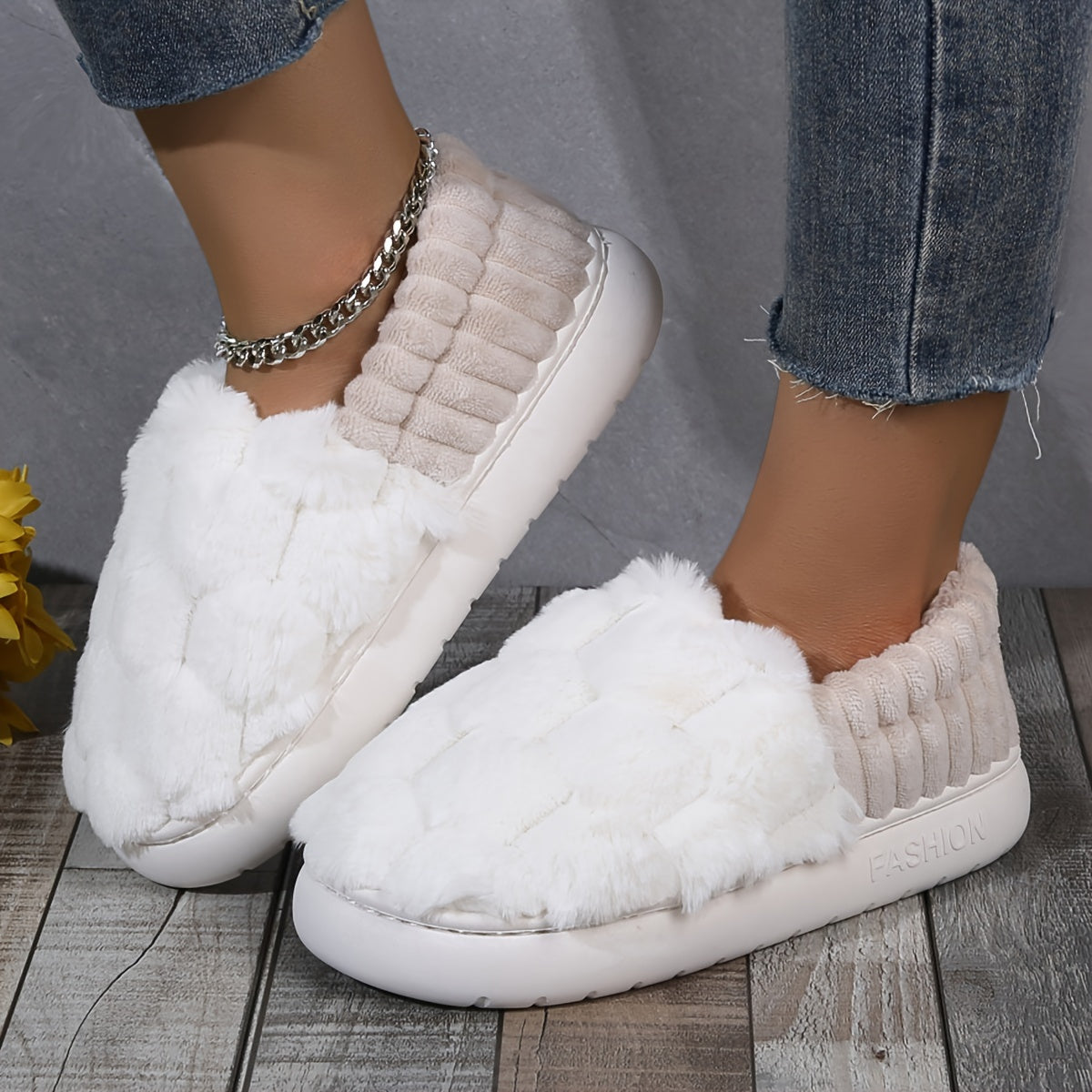 Colorblock Faux Fur Slippers, Casual Slip On Plush Lined Shoes, Comfortable Indoor Home Slippers Beauty Fashion