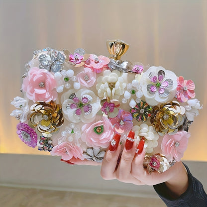 3D Beaded Elegant Evening Bag, Flower Box Clutch Purse for Women's Wedding Party Prom Beauty Fashion