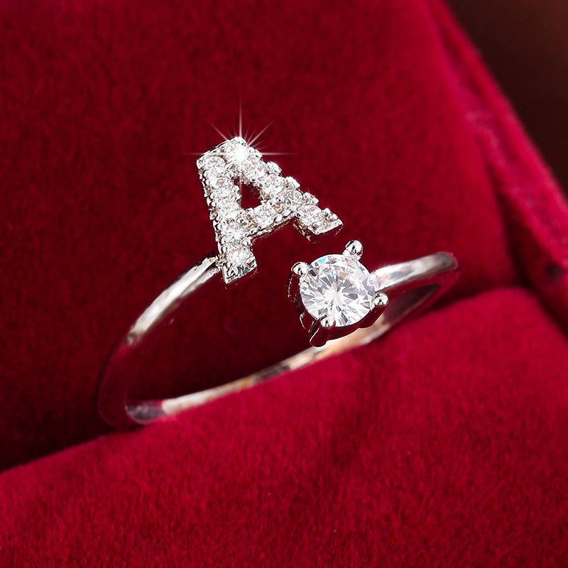 Fashionable 26 English Letters Four-Prong Synthetic Synthetic Zirconia Open Adjustment Ring Beauty Fashion