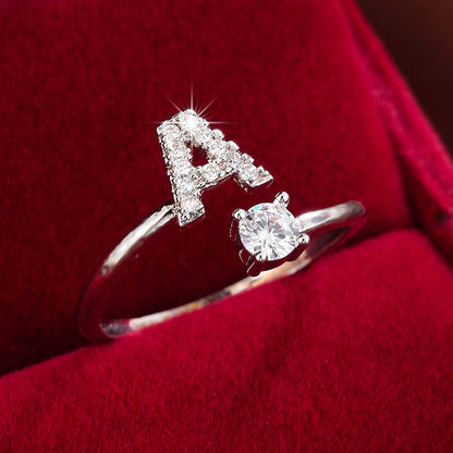 Fashionable 26 English Letters Four-Prong Synthetic Synthetic Zirconia Open Adjustment Ring Beauty Fashion