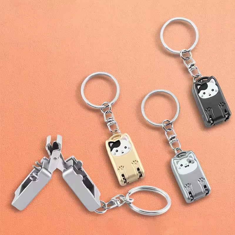 1Pc Exquisite Kitten Keychain Foldable Nail Clipper - Stainless Steel Rotary Toenail & Fingernail Manicure Trimmer
