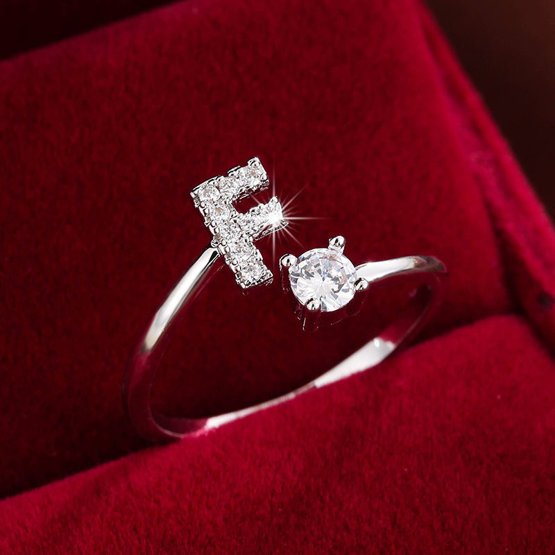 Fashionable 26 English Letters Four-Prong Synthetic Synthetic Zirconia Open Adjustment Ring Beauty Fashion