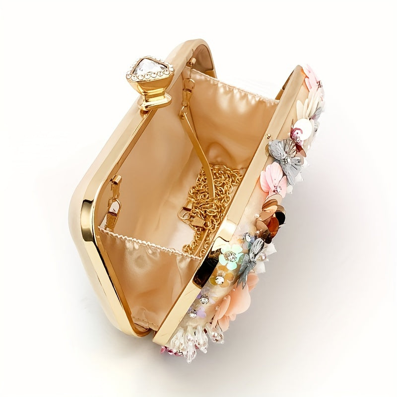3D Beaded Elegant Evening Bag, Flower Box Clutch Purse for Women's Wedding Party Prom Beauty Fashion