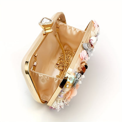 3D Beaded Elegant Evening Bag, Flower Box Clutch Purse for Women's Wedding Party Prom Beauty Fashion
