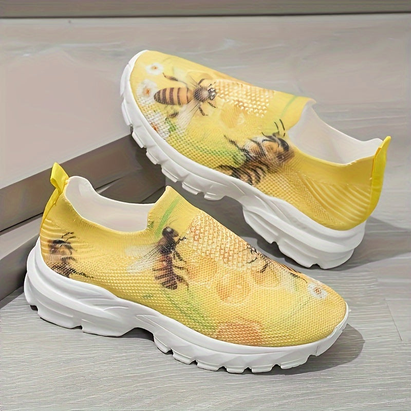 Breathable Knit Platform Sneakers - Women's Bee Print Slip On Outdoor Shoes - Comfortable Low Top Sport Shoes