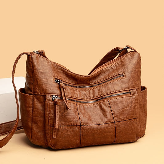 Women'S Retro Synthetic Faux Leather Shoulder Bag, Solid Color, Large Capacity, Adjustable Strap, Zipper Closure, Polyester Lined, Foldable Design for Various Occasions Beauty Fashion