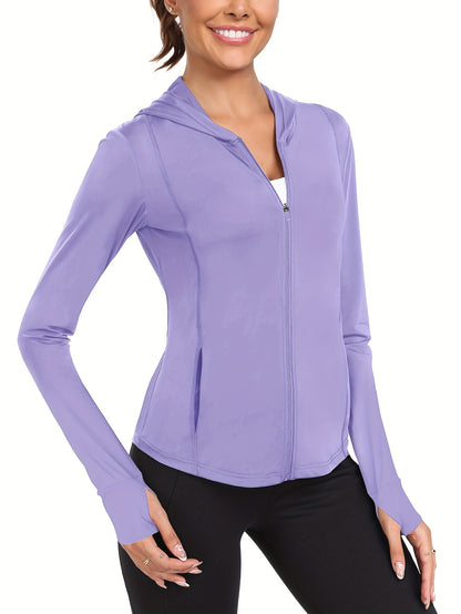 Women's Full-Zip Long Sleeve Sport Shirt with Thumbhole Design - Moisture-Wicking Protection Yoga Running Top, Light Blue All-Season Machine Washable Activewear, Running Shirt | Sporty Look | Stretchable Fabric Beauty World Shop