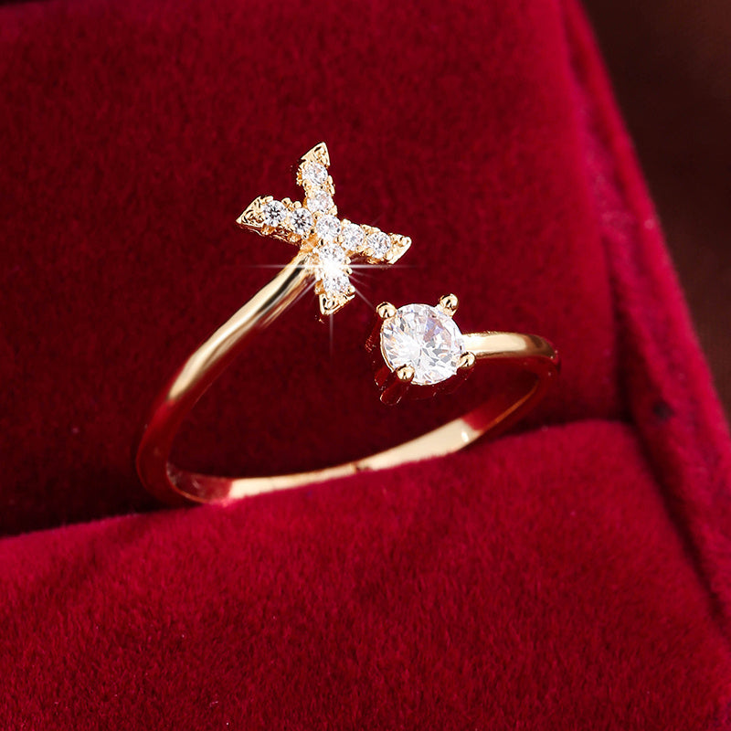 Fashionable 26 English Letters Four-Prong Synthetic Synthetic Zirconia Open Adjustment Ring Beauty Fashion