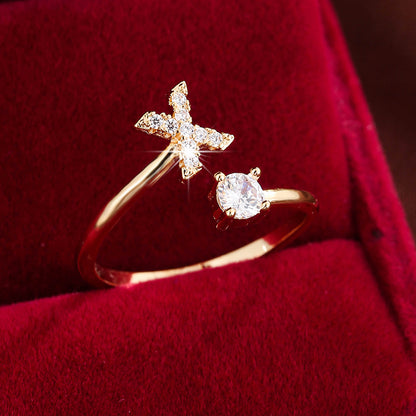 Fashionable 26 English Letters Four-Prong Synthetic Synthetic Zirconia Open Adjustment Ring Beauty Fashion