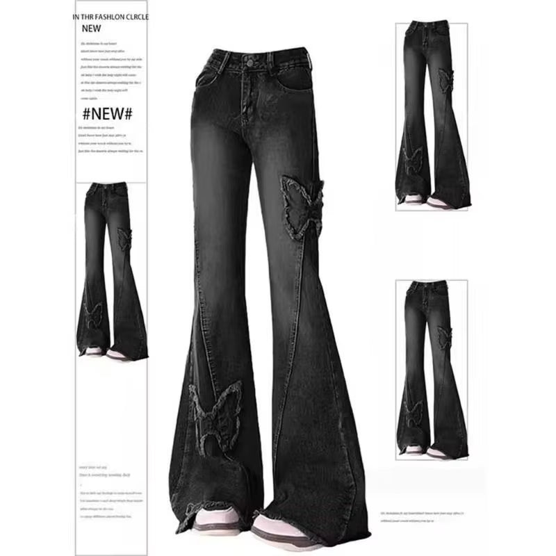 Vintage Slim Micro-Flare Jeans Women Ins Fashionable Splicing Belt Edge Y2K Pants High Waist Straight American Street Trousers