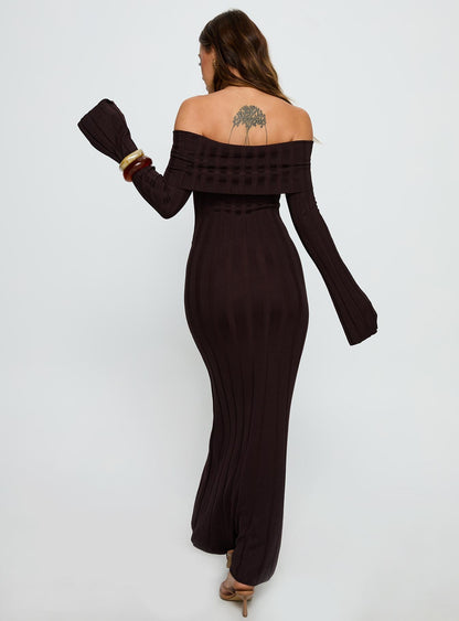 Ellouisa Long Sleeve Rib Maxi Dress Chocolate Princess Polly