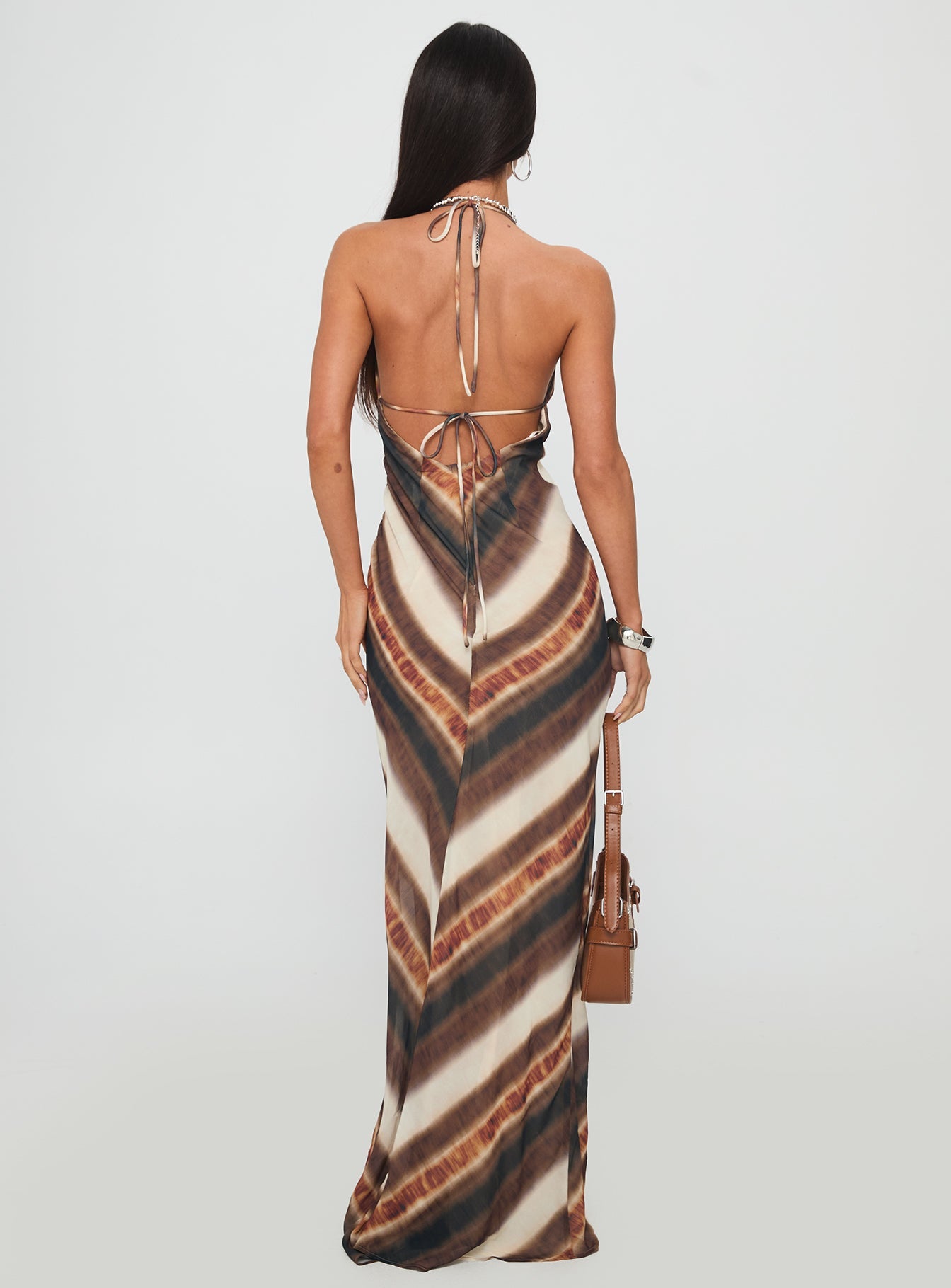 Esmira Halter Maxi Dress Brown Stripe Princess Polly