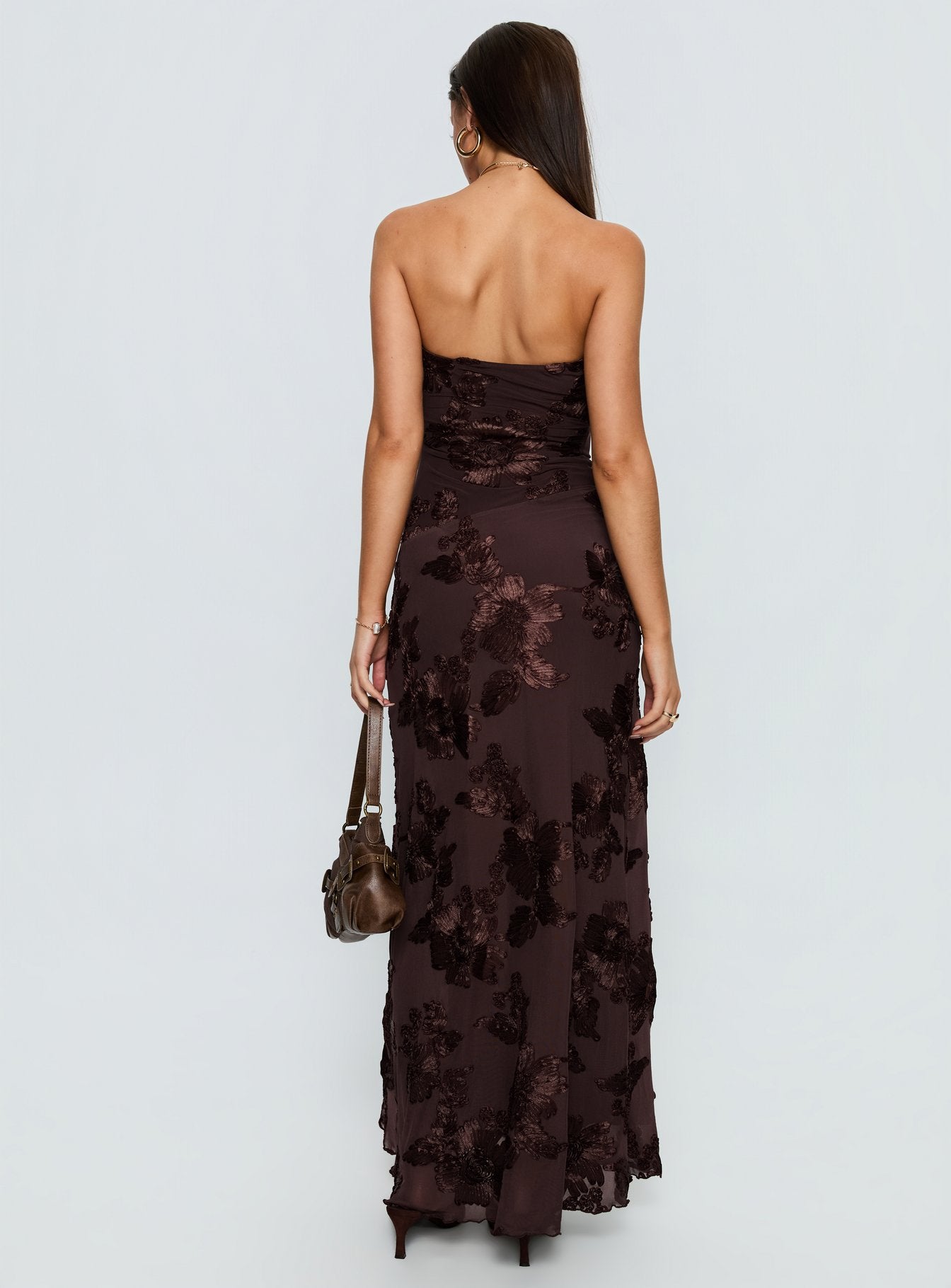 Maribeth Strapless Floral Maxi Dress Chocolate Brown Princess Polly