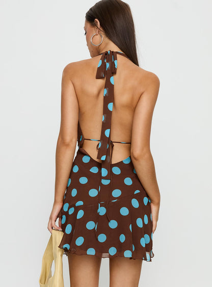 Karolie Halter Plunge Mini Dress Brown / Blue Polka Dot Princess Polly