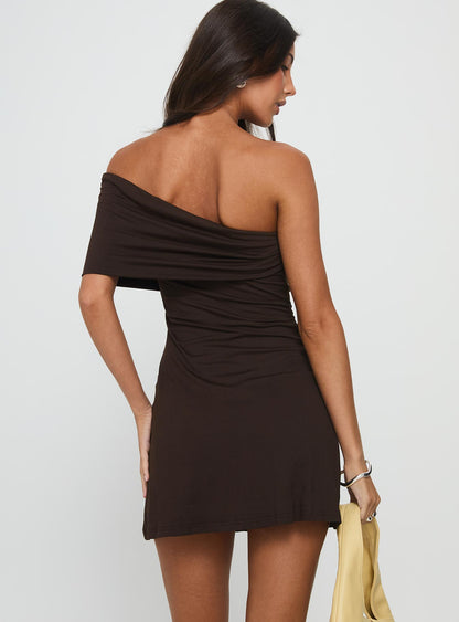 Laurencia One Shoulder Mini Dress Chocolate Princess Polly