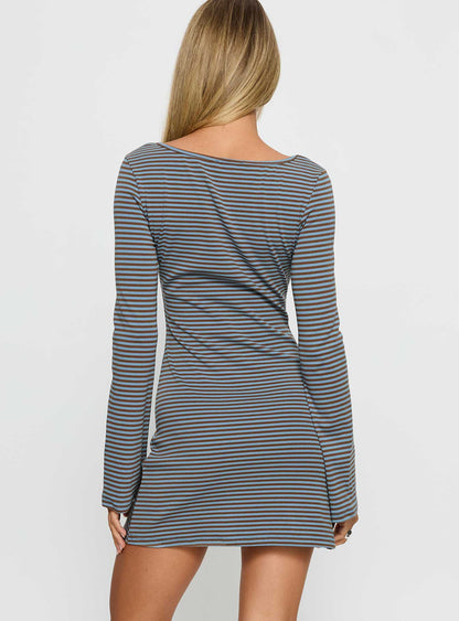 Bryanna Long Sleeve Mini Dress Blue / Brown Princess Polly