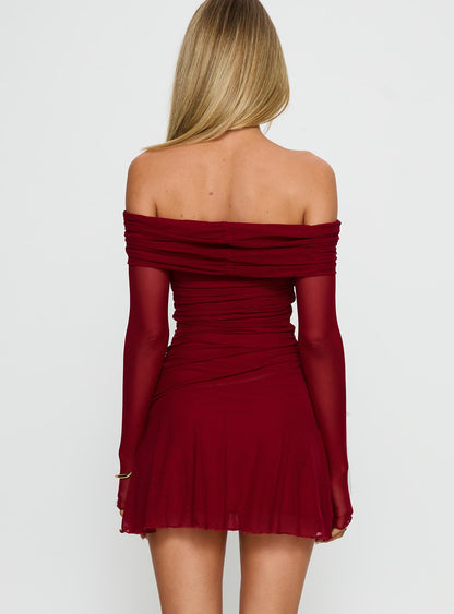 Koki Long Sleeve Off Shoulder Mini Dress Red Princess Polly